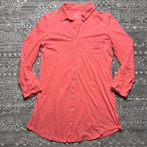 Lauren Ralph Lauren Womens Cotton Knit Sleep Shirt Large Coral Roll Tab Sleeve